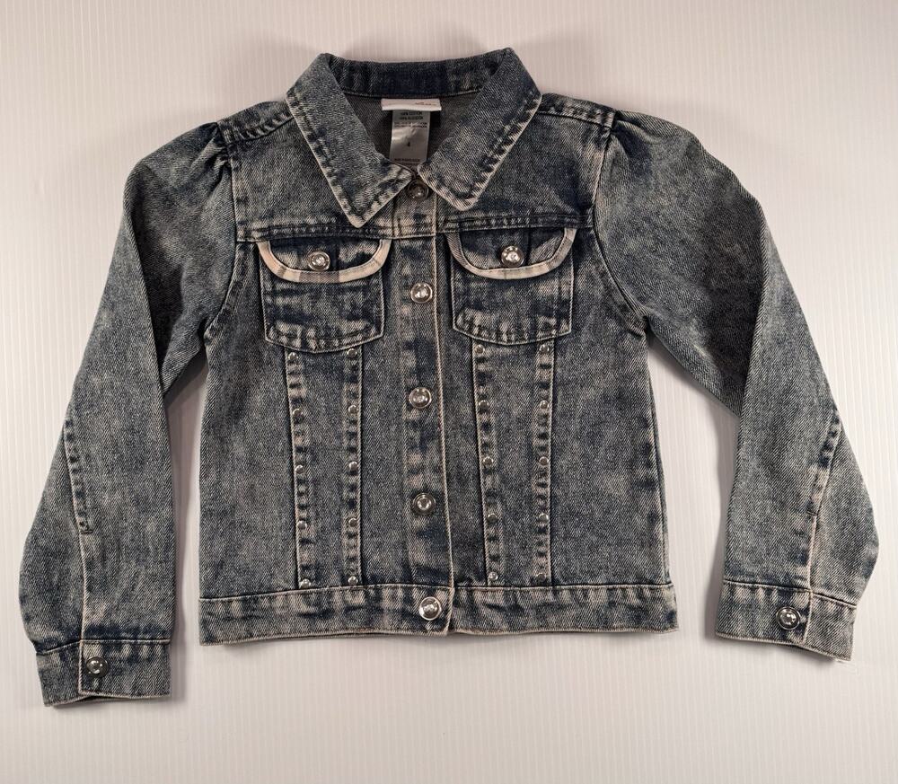 Little Lass Girls Denim Jacket Size 4 Plaid Heart Back Snap Front 100% Cotton